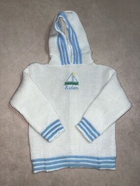 Vintage Erge Ivory Hooded Knit Sweater with Light Blue Trim and Sailboat Aiden